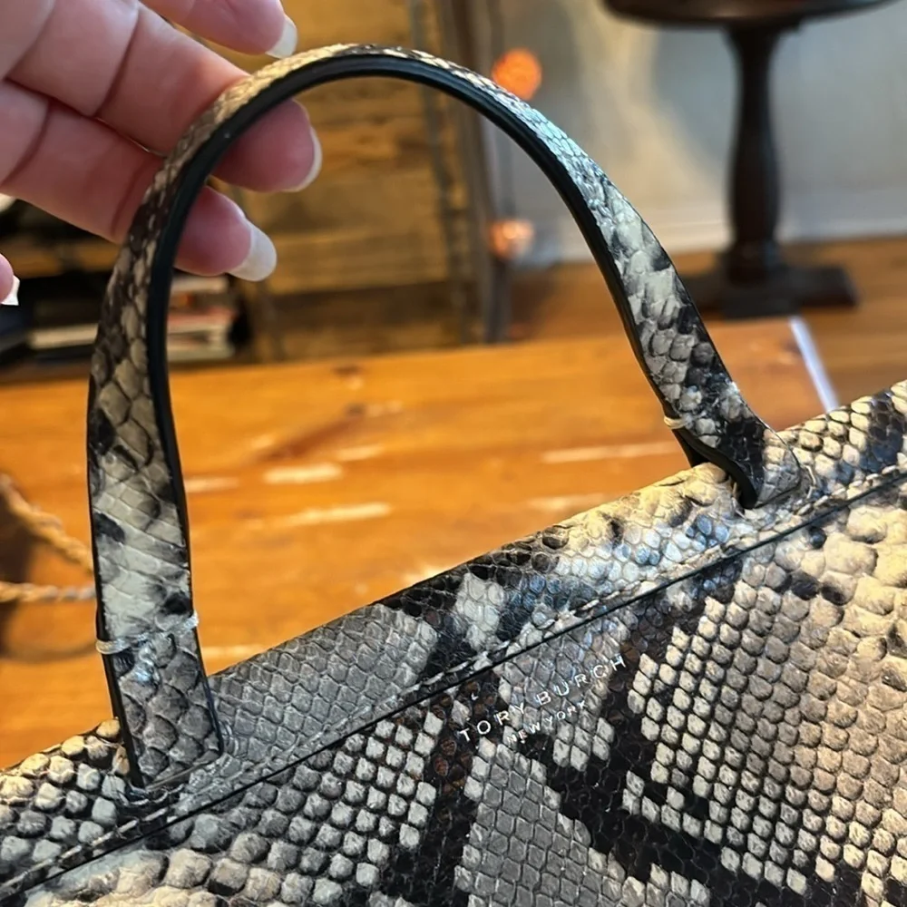 Tory Burch Python-Print Satchel in Black and Cream